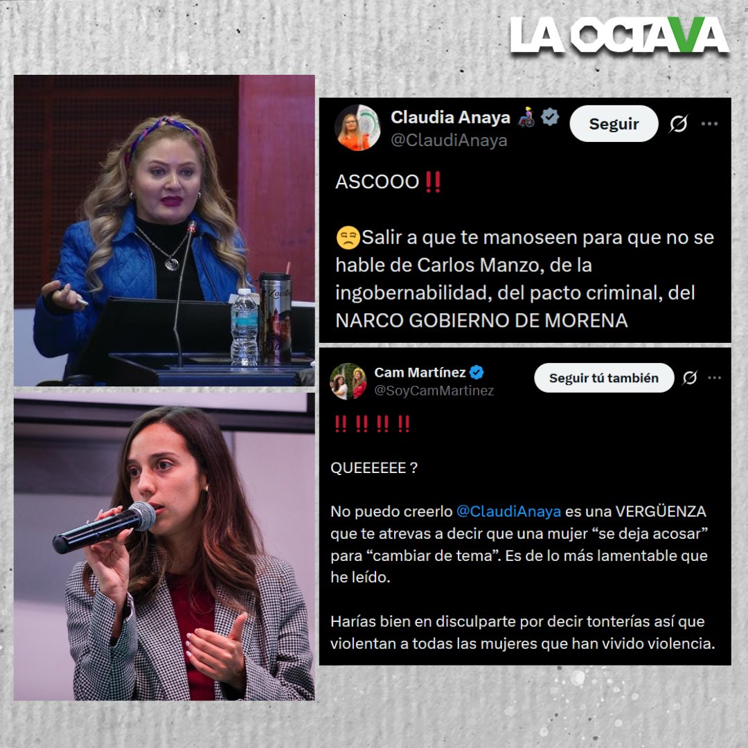 Senadora del PRI lanza comentarios misóginos a Sheinbaum; la culpa por su acoso

“Es una vergüenza que te atrevas a decir que una mujer se deja acosar”, escribió <a href="/SoyCamMartinez/">Cam Martínez</a> a <a href="/ClaudiAnaya/">Claudia Anaya 👩🏼‍🦽</a>. La legisladora revictimizó a <a href="/Claudiashein/">Claudia Sheinbaum Pardo</a> señalando que “salió a que la manosearan”.