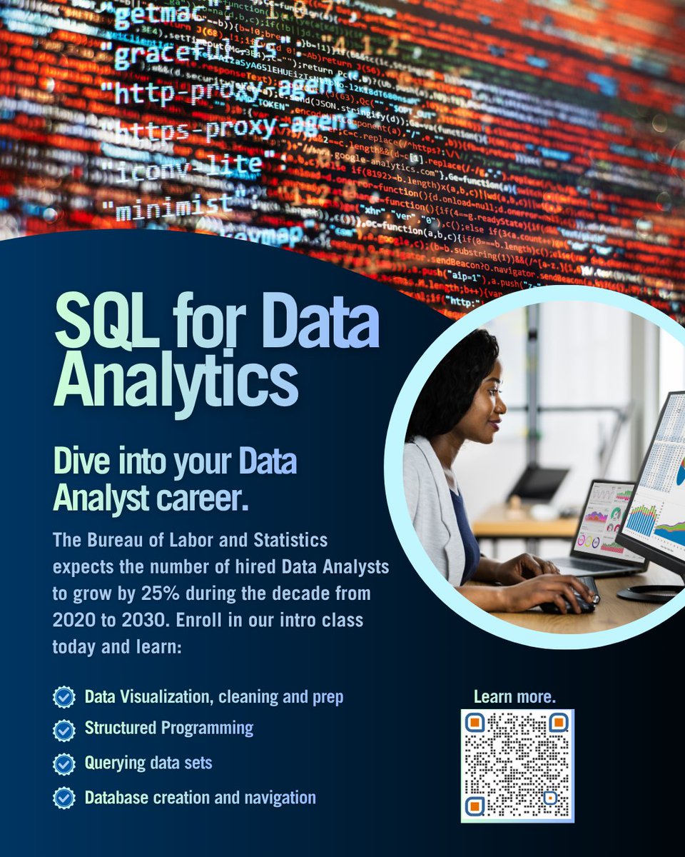 ACE_BMCC's tweet photo. 🚀 Ready to level up your data skills?
Join Introduction to SQL for Data Analytics at BMCC Continuing Ed!
💻 Gain in-demand data knowledge
💼 Prepare for a future as an IT Analyst
📲 Scan QR code &amp; sign up today!

🔗 Register: https://t.co/xisV5so2jQ https://t.co/Hz4uKMH3aP