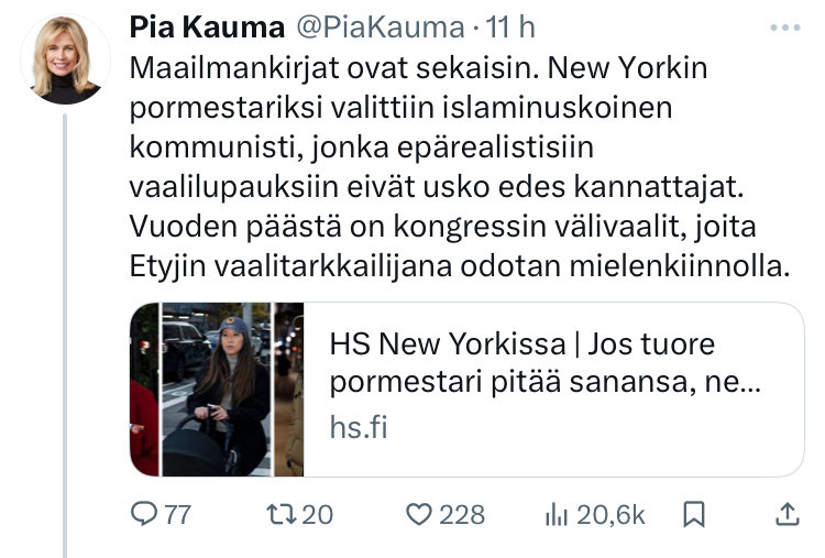 <a href="/PiaKauma/">Pia Kauma</a> Hallituksen politiikan kritisoiminen ei ole ”vihaa”. Sinun rasistinen politiikkasi ja se, että hyökkäät liittolaismaamme keskeistä poliitikkoa vastaan uskonnon perusteella on vihaa.