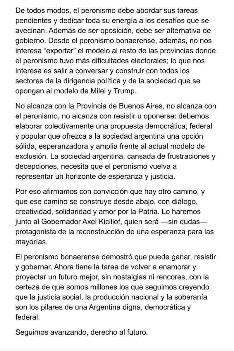 🇦🇷 HAY OTRO CAMINO

Después de conocerse los resultados definitivos, los intendentes bonaerenses que formamos parte del Movimiento Derecho al Futuro compartimos una mirada común: la de seguir construyendo esperanza y organización en un momento donde muchos quieren que el pueblo