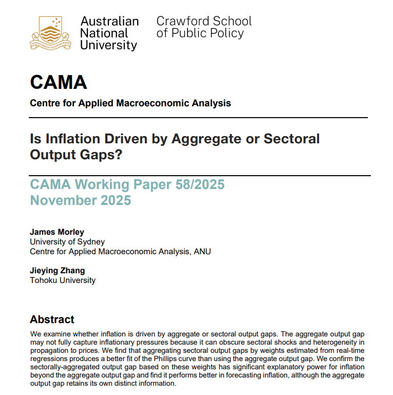 CAMacroAnalysis's tweet image. CAMA WP 58/2025 by James Morley @macromorley (@USydneyEcon) &amp;amp; Jieying Zhang (@TohokuUniPR ) investigates whether inflation is driven by aggregate or sectoral output gaps. 📈💡

#Inflation  #MacroEconometrics

Read more: bit.ly/47qXKuD

@ANUCrawford
