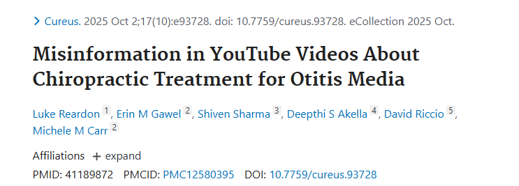 MizzouENT's tweet photo. Research reveals widespread misinformation: 50 YouTube videos on chiropractic ear infection treatment (2.6M views) promoted unverified claims while omitting proven therapies. Clinicians must combat digital health misinformation. #Pediatrics #Otology
https://t.co/Kpb4N2M6uh https://t.co/Uatq70Eyh6