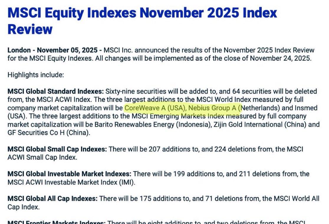 CRWV / $INSM / $NBIS MSCI Inc. の11月インデックス・レビューにより、 CoreWeave、Insmed、Nebius  Groupが、 「世界株指数（MSCI World Index）」で最大級の新規組み入れ銘柄3件として、 11月24日の終値後から有効👏 #時事  #インデックス #銘柄追加