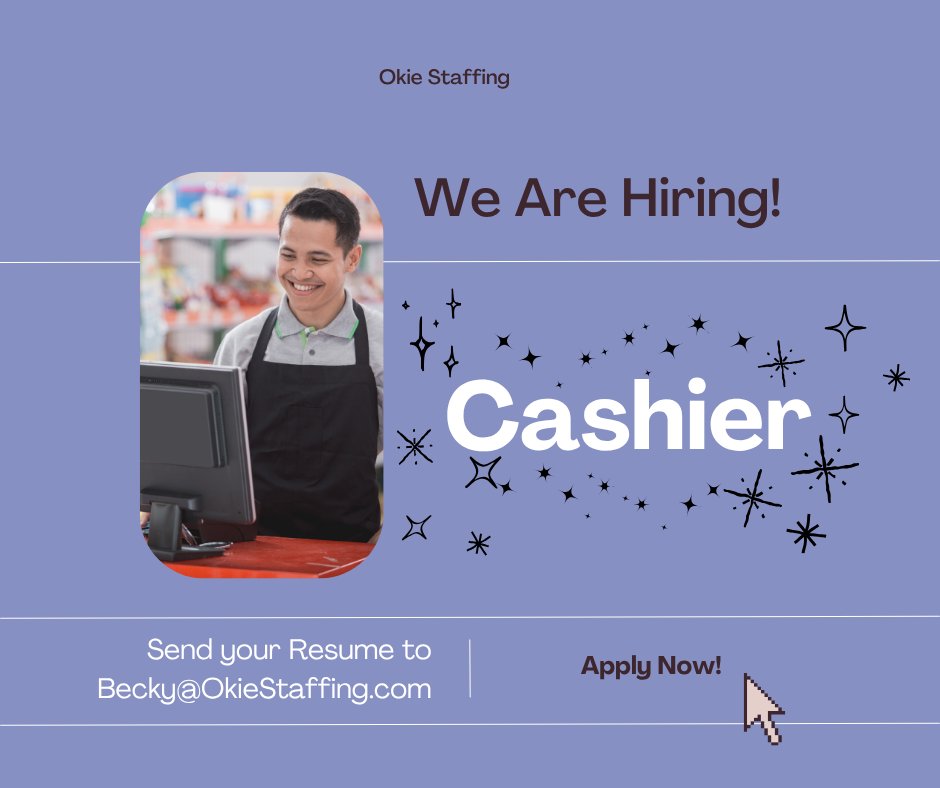 OkieStaffing's tweet image. 💳🍔 Now Hiring: Cashiers – Tulsa!
$13+/hr | Mon–Fri 8:30–5 + every other Sat
Ring up customers, provide smiles &amp;amp; keep checkout areas clean!
📞 918-505-1777 | 💬 918-284-1502 | 📧 becky@okiestaffing.com
#TulsaJobs #NowHiring #Cashiers