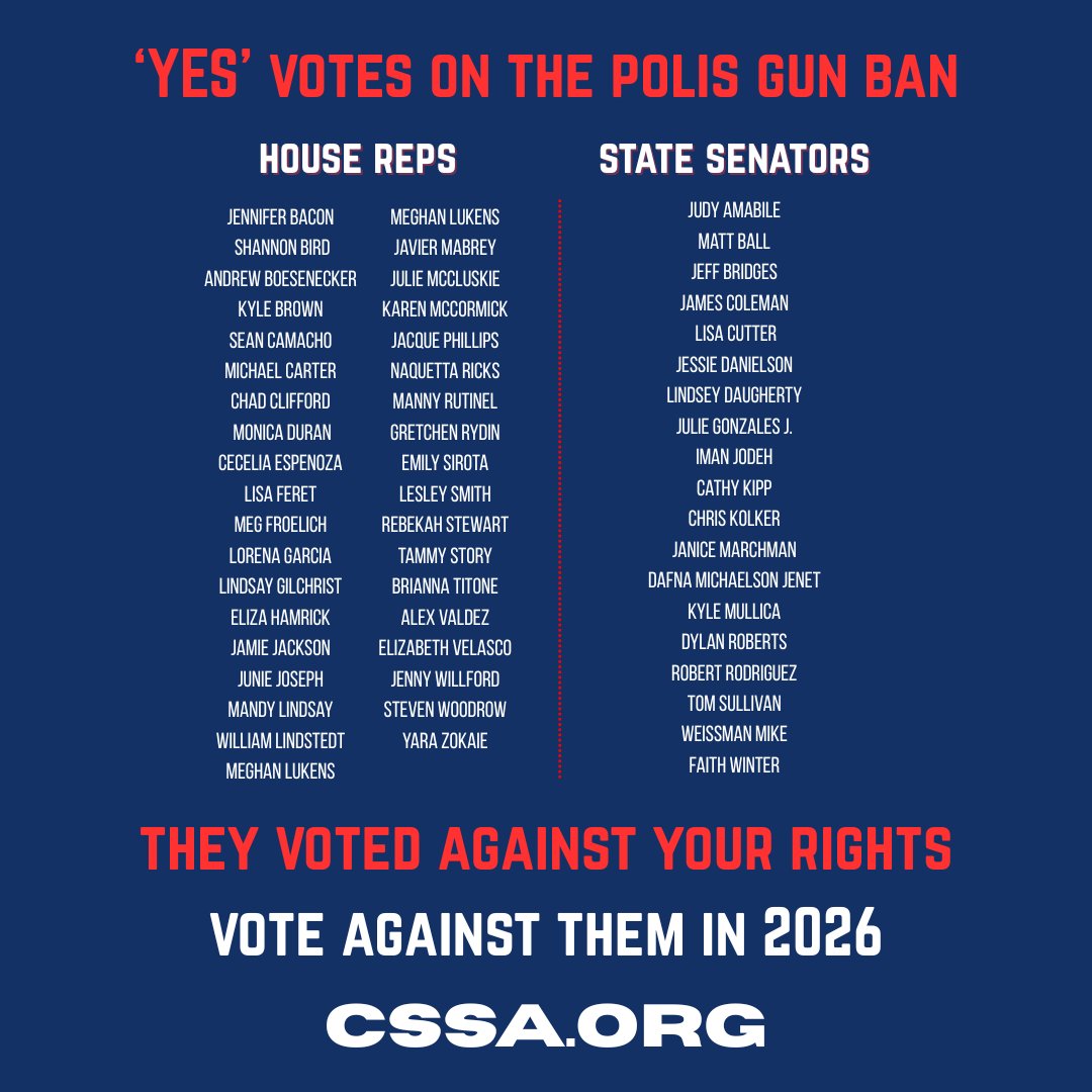 CSSA1926's tweet image. Every legislator who voted for the Polis Gun Ban (Senate Bill 25-003) has revealed their opposition to your freedom and safety. Learn who voted to disarm you. Remember their names. Vote for their opponents.

🔗 Read our case against this bill: cssa.org/sb3
💪 Support…