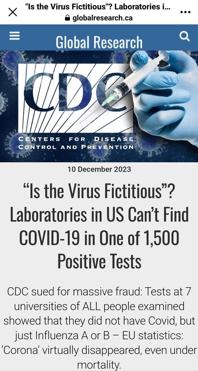 NO COVID 
Negli USA non sono riusciti a trovare il C-19 in nessuno dei 1.500 test positivi. Il CDC è stato denunciato per frode: i test condotti in 7 università su TUTTE le persone esaminate hanno dimostrato che non avevano il C19,ma solo l'influenza. globalresearch.ca/laboratories-u…
