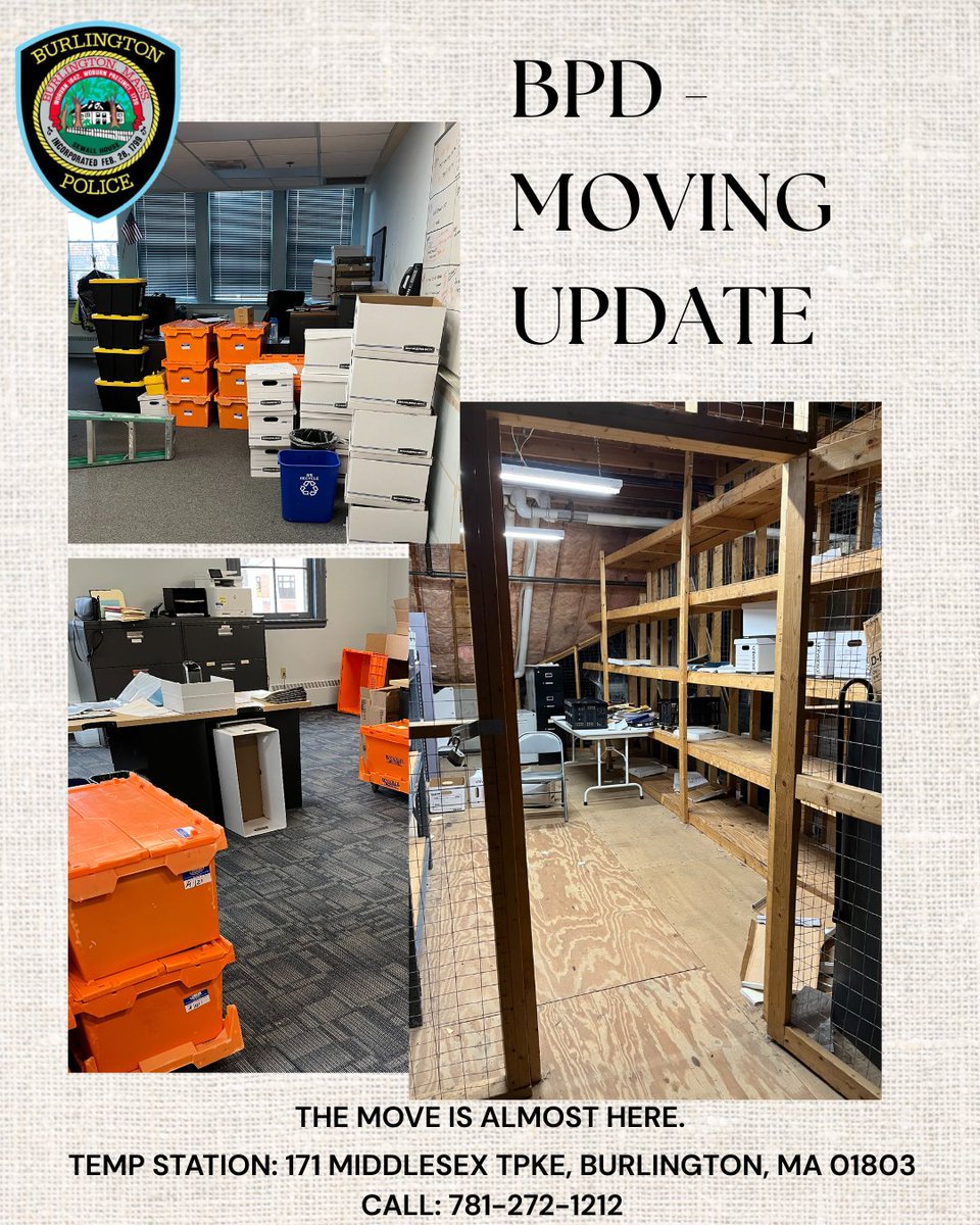 burlingtonpd's tweet image. The Move is Almost Here! 
Burlington PD will be moving to 171 Middlesex Turnpike, Burlington, MA 01803.  You can continue to call us at 781-272-1212.

#BurlingtonMA #NewPoliceStation