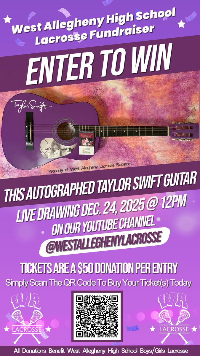 DJMattMiller's tweet photo. ATTENTION ALL TAYLOR SWIFT FANS!! My sons Lacrosse team is raffling off this once-in-a-lifetime Taylor Swift Signed Guitar.  Until Dec. 21 we will be selling chances.  Live Drawing on Dec. 24th. Every donation helps our lacrosse teams program. 
Just scan the QR Code https://t.co/9gatlnwx6t