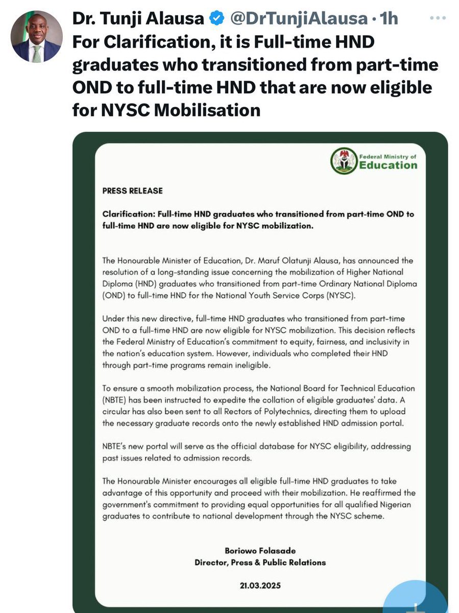 Olokode1761's tweet photo. @winexviv Dear @winexviv sir, please we need your voice 🙏ND part-time students who later did full-time HND are still being excluded from NYSC despite earlier assurances. Please help us draw more attention to this injustice #NYSCForAll
@DrTunjiAlausa @officialnyscng @NigEducation @JAMBHQ https://t.co/G3EgQoWj4m