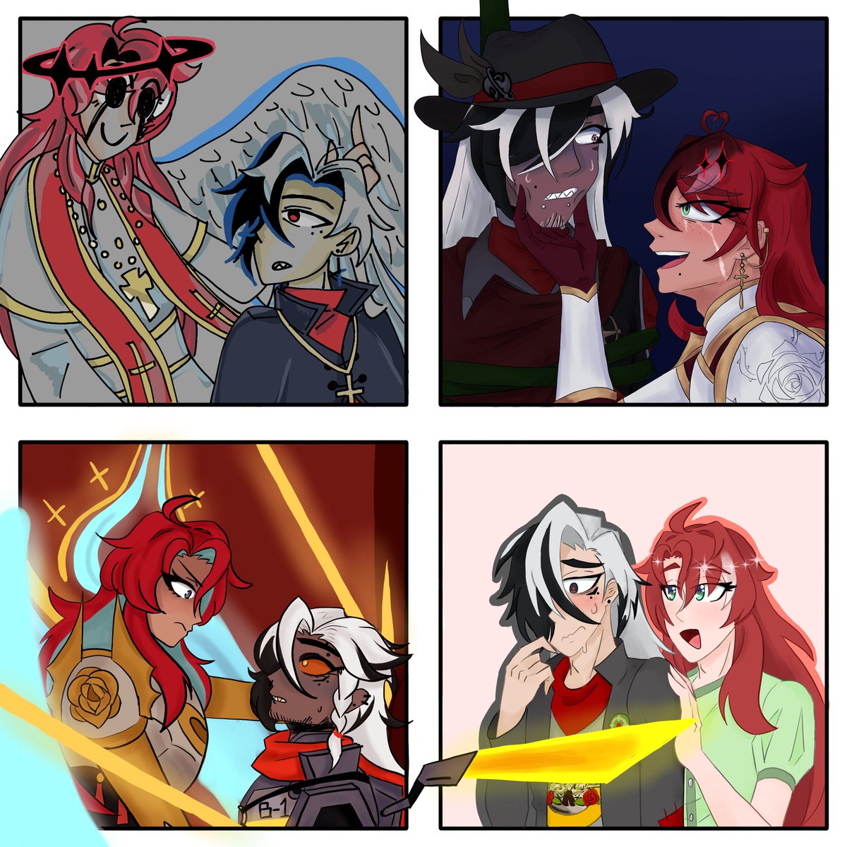 It's finally done TvT

I wanted to draw #Argenthill AUs I like, but I hate my art style, so I attempted to crudely mimic the art style of each AUs creator in an attempt to learn something

Horror AU by <a href="/Froot_ea/">Froo_ | comms open!</a> 
Violet Vendetta by <a href="/Emselada/">Em🦇🩸| E6 S1 Phainon Haver</a> 
ULTRAKILL AU by <a href="/giingerja/">corvin | 🌹🪦 ULTRAKILL AU</a>