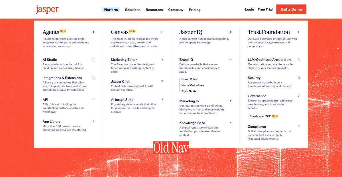 joshljacobs's tweet image. Made some big updates to our nav menus on jasper.ai this week. We got feedback that wayfinding in the old version was harder than expected.

Did I cook? Or is this a downgrade?
