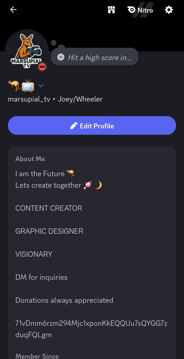 Hey everyone, this is my discord account. I just made it, I am the one and only! 🦘📹