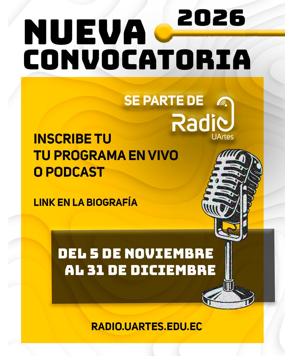 Inscribe tu programa en vivo o podcast para la programación 2026 de Radio UArtes.

📅 Convocatoria abierta del 5 de noviembre al 31 de diciembre.

Formulario aquí 👉 forms.office.com/r/X7cJR2VZcv?o…

#RadioUArtes #Convocatoria2026 #UArtes