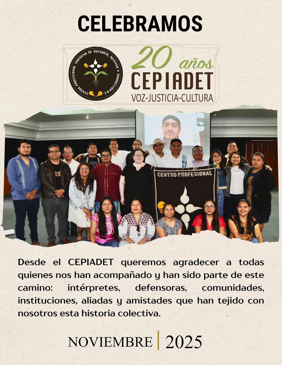 Envío una cordial felicitación y saludo de mucha admiración al equipo de <a href="/CEPIADET/">CEPIADET</a> por su 20 aniversario en la lucha y defensa de los derechos indígenas. Enhorabuena.