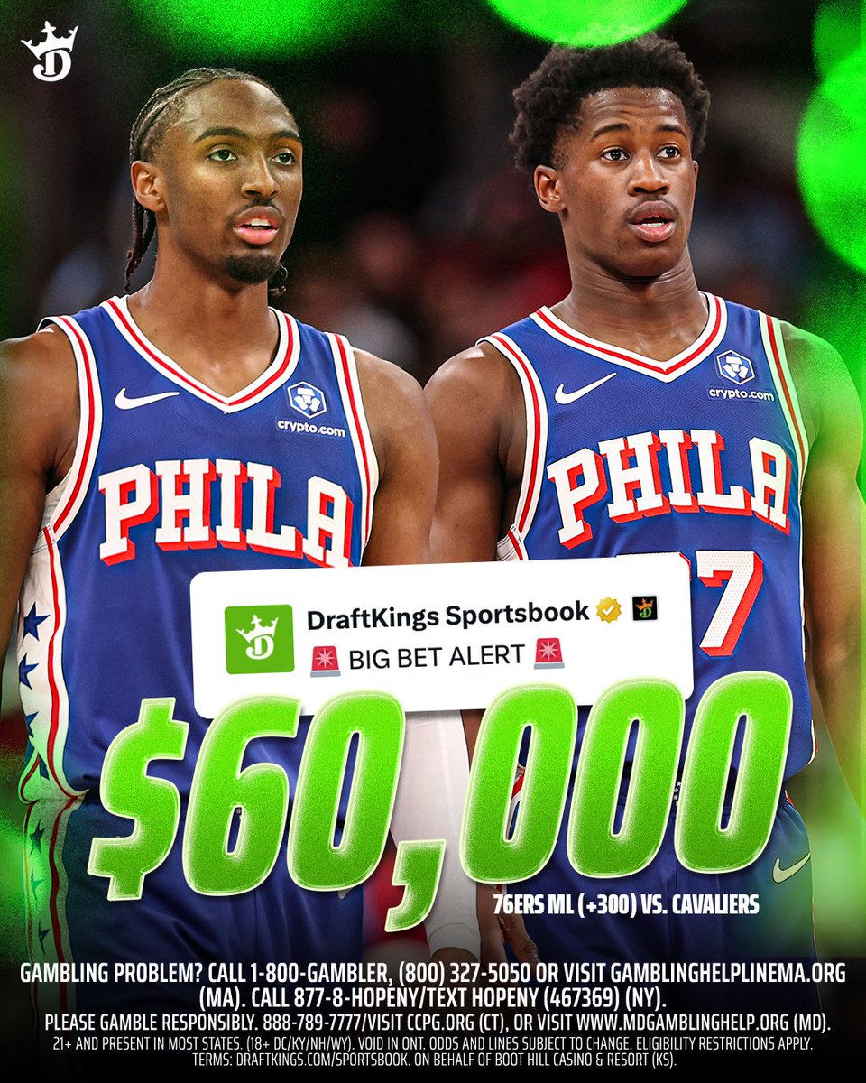 🚨 BIG BET ALERT 🚨 A bettor placed $60,000 on the Philadelphia 76ers ML  (+300) vs. the Cleveland Cavaliers👀 Possible Payout: $240,000💰