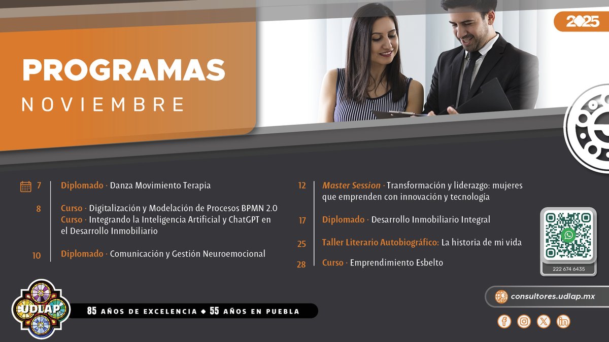🍁✨ ¡Noviembre en Educación Continua UDLAP!
Descubre los nuevos programas y Master Sessions del mes. 🎓 <a href="/udlap/">UDLAP</a> 
📚 Inscríbete o pide informes: wa.me/522223554664