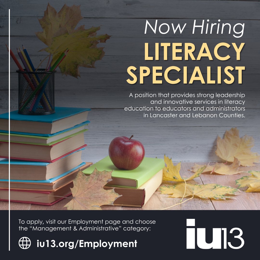 IU13 is now hiring a Literacy Specialist to join the Teaching &amp; Learning Collaborative! This is a full-time position with great benefits, located in Lancaster County.
Learn more and apply at hubs.li/Q03RQwc20. Click “Management/Administrative” in the job categories.
