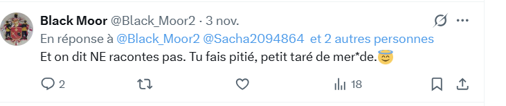 Sacha2094864's tweet photo. @Black_Moor2 @Ced8Z @Zero95100 @Bmesrimes Il y a trois jours, c'était "ne racontes pas". 
Je t'ai appris l'impératif ... on apprend ça à l'école primaire. D'où vient ce retard d'apprentissage, mon élève Black Moor ? 🤣🤣🤣 https://t.co/YPiERlVKVl