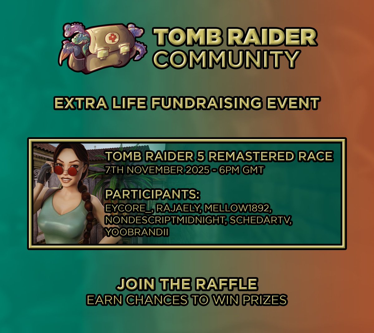 Friday 11/7/pm ill be participating in a Tomb Raider Charity Race for Extra life!

Here's my donation link  extra-life.org/participant/56…

Incentives below! #tombraider #extralife