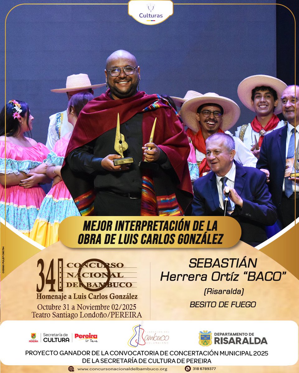 concursobambuco's tweet photo. #Ganadores2025 |  Felicitaciones a Sebastián Herrera "BACO" de #Risaralda, por obtener el premio a la Mejor Interpretación de la Obra de Luis Carlos González, con "Besito de Fuego", poema  musicalizado por Enrique Figueroa. 
@mincultura @Alcaldiapereira @Gob_Risaralda https://t.co/JBrODmVHQu