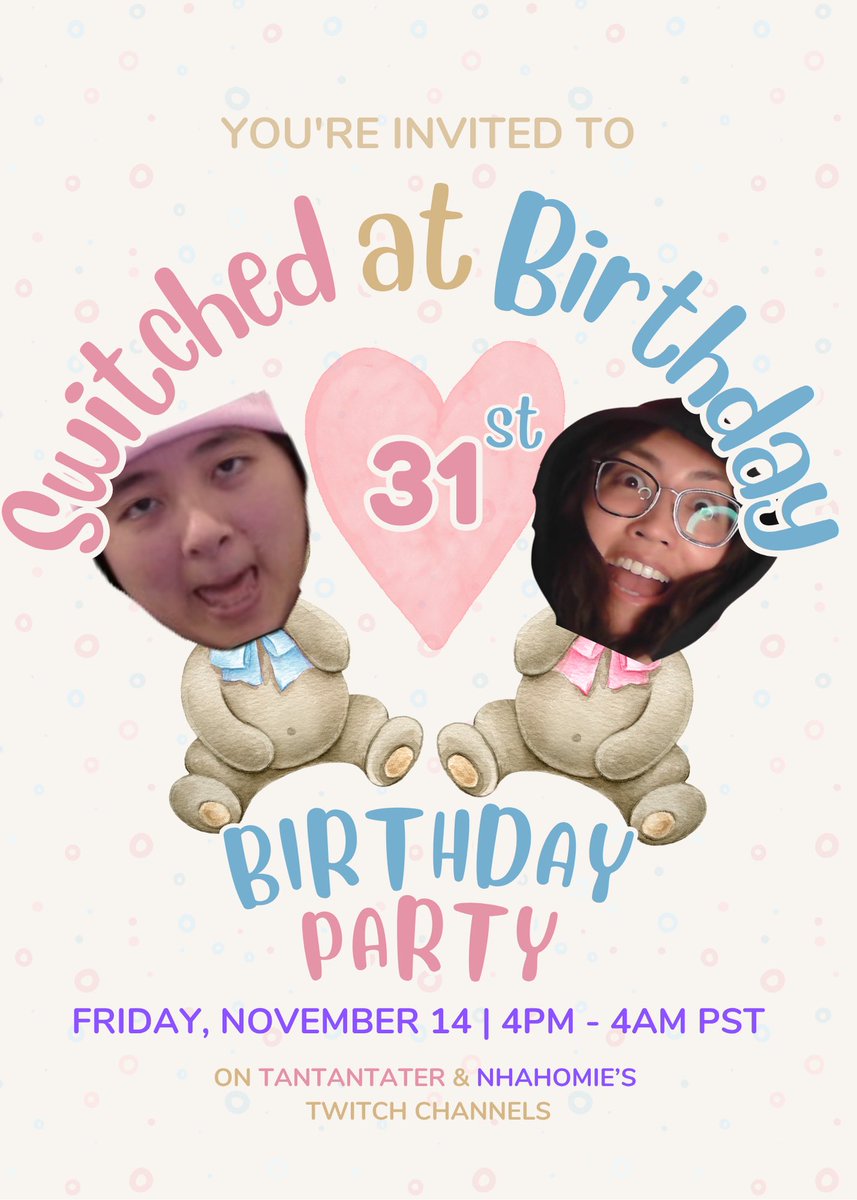 TanTanTater's tweet photo. Pst… @nhahomiee and I have a big birthday bash stream planned for Fri., 11/14 4pm-4am PST! Lots of silly shenanigans planned (event schedule &amp; incentives pending)! See you there~ 👶🏻👶🏻 https://t.co/AEObwHmZgg