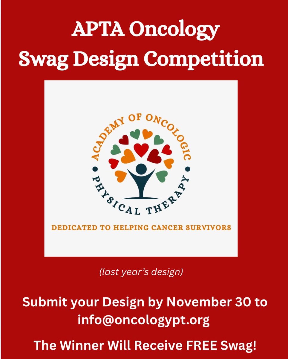 rehaboncology's tweet image. Don’t forget to submit your creative design for the APTA Oncology Swag Design Competition by November 30! ✨
Send your entry to info@oncologypt.org — the winner will receive FREE swag! 🙌
#APTAOncology #SwagDesign #OncologyPT #CreativeCommunity #PTLife