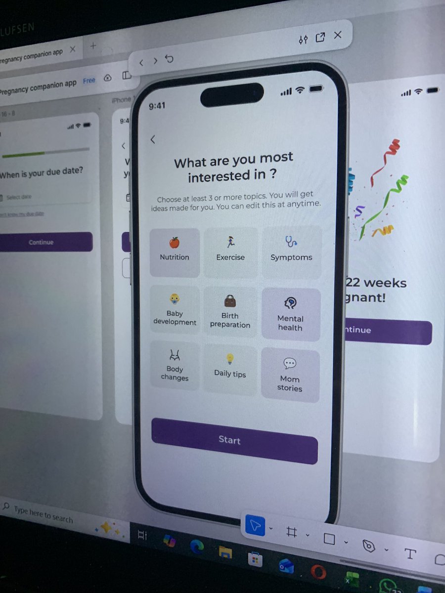 ayomiolawuyi's tweet image. 30DayUIChallenge 

Day 16 ✅

Working on the onboarding for a pregnancy companion app

This is where expecting parents pick topics they actually care about, because every pregnancy journey is unique! 

#UIDesign
#30dayschallengewithPDU