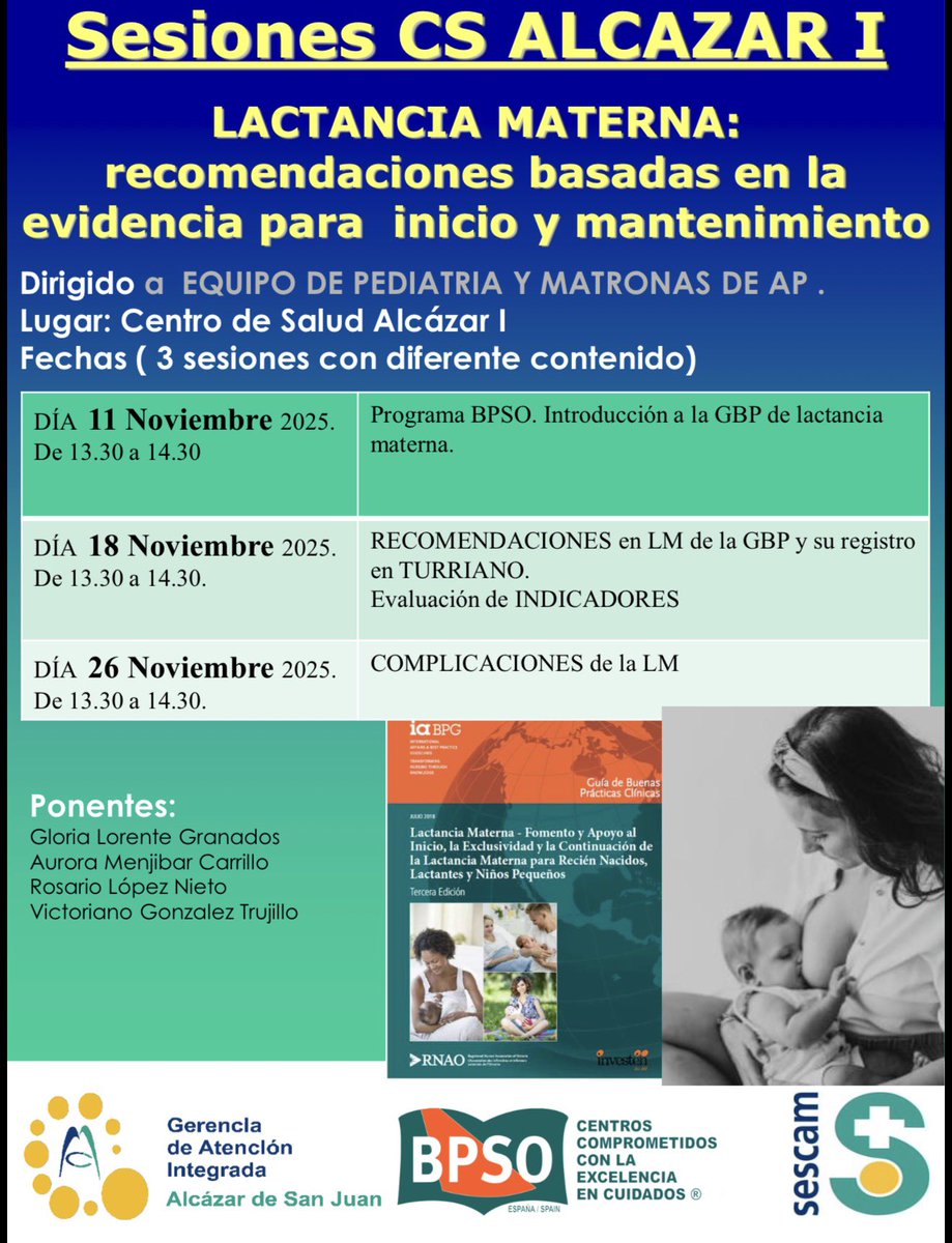 EnfermerabpsoA's tweet photo. Formación BPSO sobre Lactancia Materna en los Centros de Salud Alcázar I y II
📅 Noviembre 2025 – 3 sesiones con distinto contenido
Dirigido a EAP: pediatría, matronas, enfermería y medicina general.
#BPSO #LactanciaMaterna #Sescam #GAIAlcázarDeSanJuan #CCEC https://t.co/K4tpD5UWuG