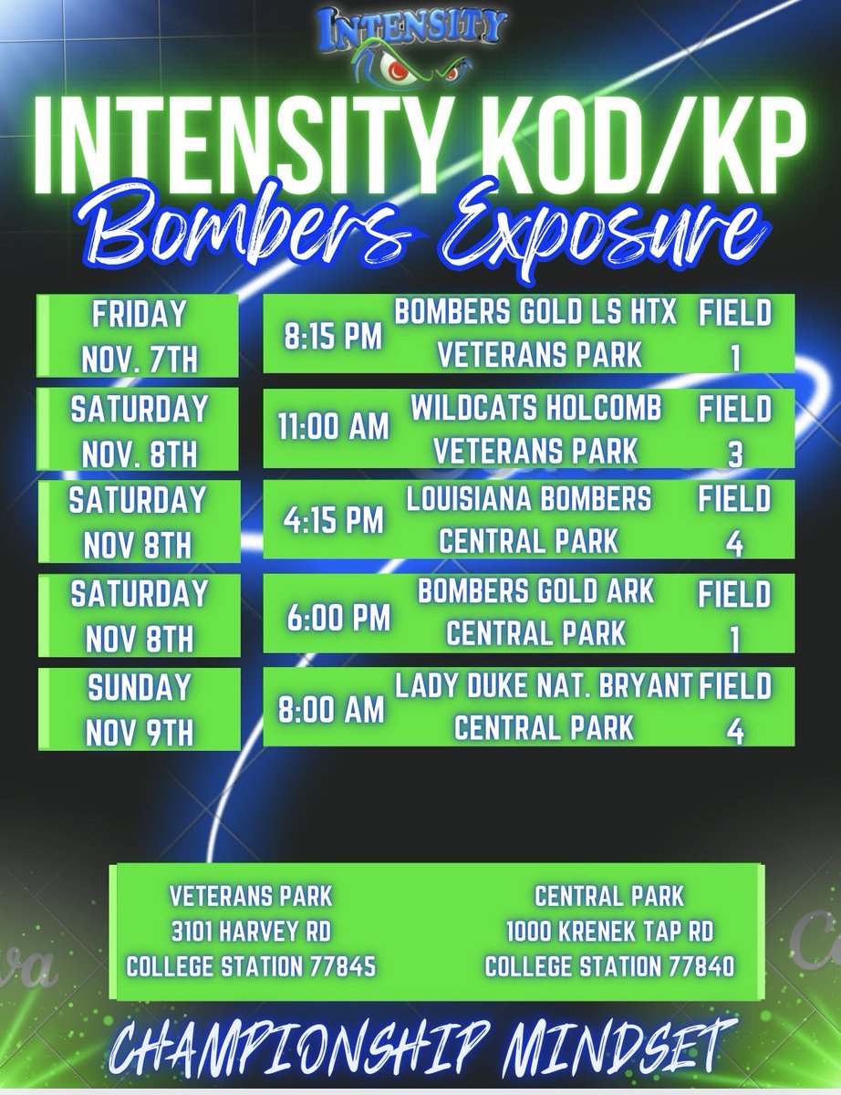 Looking forward to playing this weekend in College Station TX at the Bomber Exposure! Come check us out! 💚💙

<a href="/intensitykod/">Kevin ODonnell</a> <a href="/SBRRetweets/">Softball Recruiting Reposts</a> <a href="/LineDsoftball/">Line Drive Media</a> <a href="/TopPreps/">TOP PREPS - Free Sports News, Videos & Information</a> <a href="/SunilSportsNews/">Sports News By Sunil Sunder Raj</a> <a href="/SoftballDown/">Down South Softball</a> <a href="/CoastRecruitsSB/">Coast Recruits 🥎</a> <a href="/D1Softball/">D1Softball</a> <a href="/DiamondAddicts/">Diamond Addicts</a> <a href="/ExtraInningSB/">EXTRA INNING SOFTBALL</a>