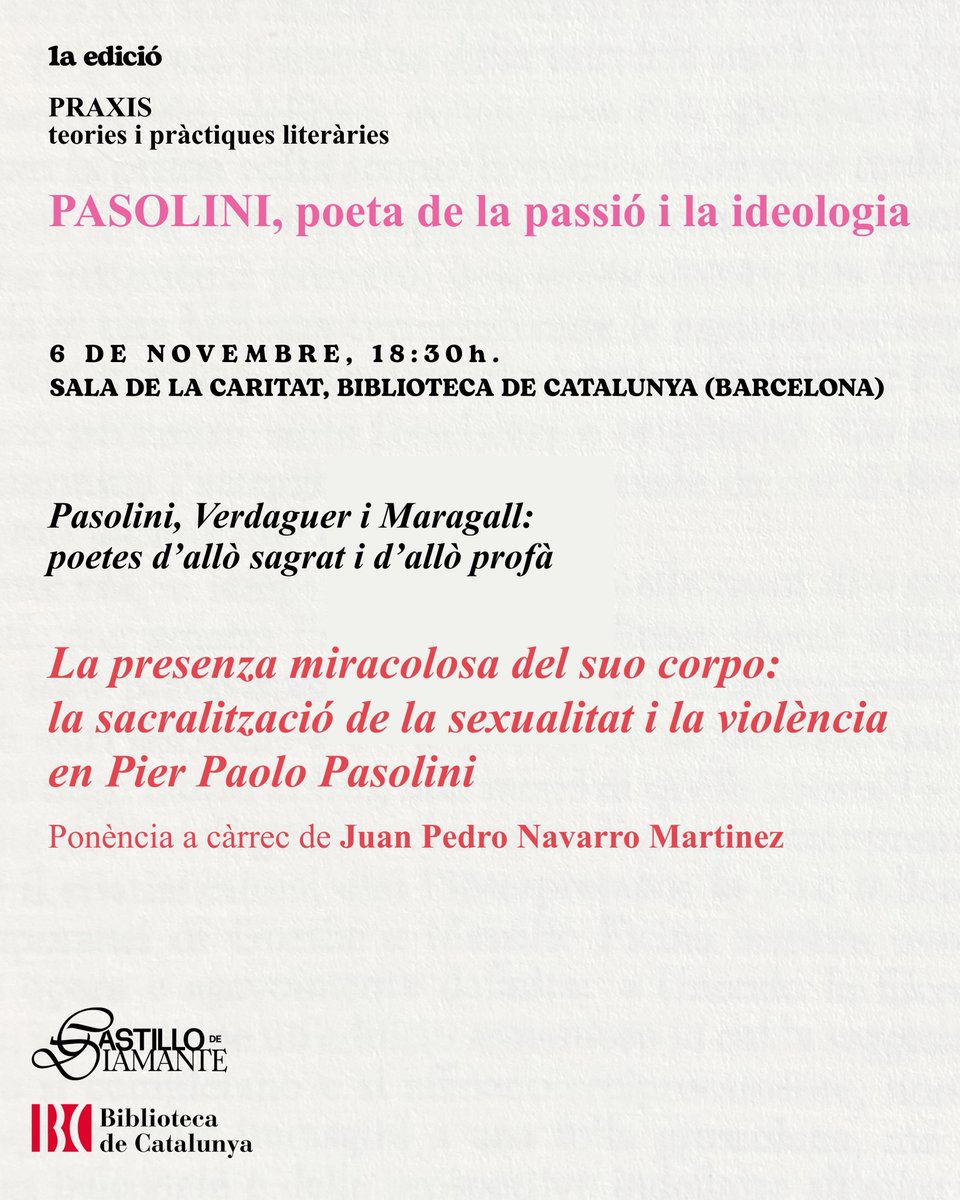 praxis_____'s tweet photo. Demà seguim l'homenatge a Pasolini amb el cicle 'Pasolini, Verdaguer i Maragall: poetes d'allò sagrat i d'allò profà' que inaugura Juan Pedro Navarro Martínez amb la ponència 'La presenza miracolosa del suo corpo: la sacralització de la sexualitat i la violència en PPP'. https://t.co/QKSDeg3P6V