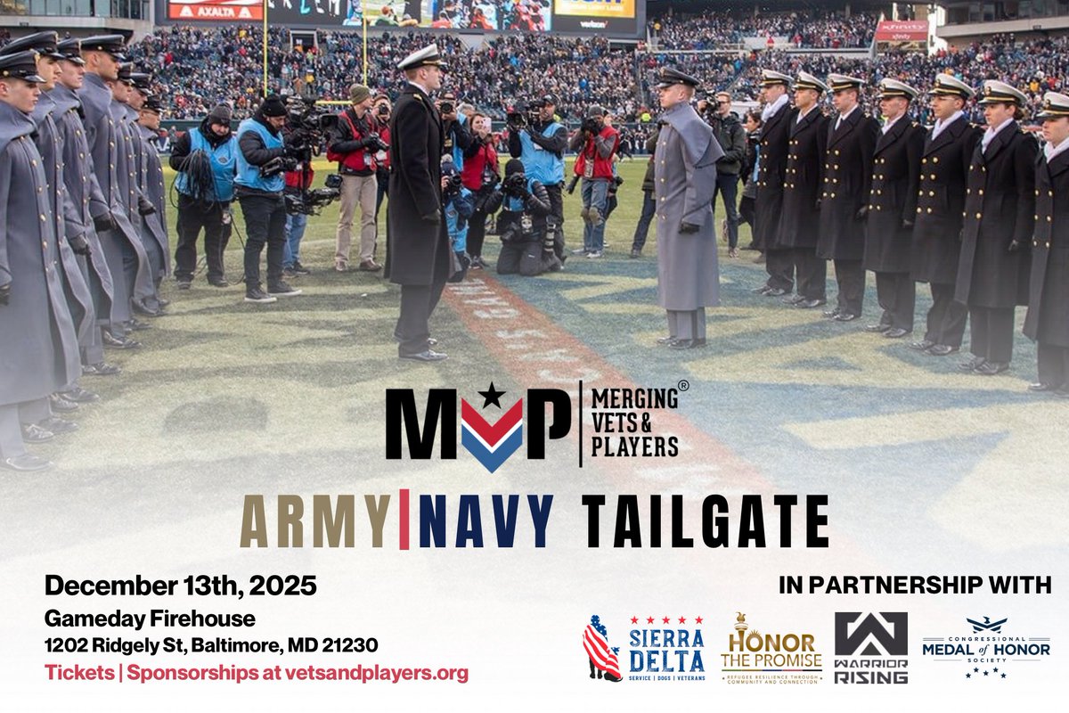 VetsandPlayers's tweet photo. Army/Navy Tailgate — Baltimore 2025!

Sat, Dec 13 | 10AM-5PM

Join MVP at Gameday Firehouse, just one block from M&amp;T Bank Stadium-for the ultimate pregame! 

Food Drinks Music Community 
Tickets &amp; Sponsorships: https://t.co/L75LLztIVx https://t.co/kLwQ59d9K8