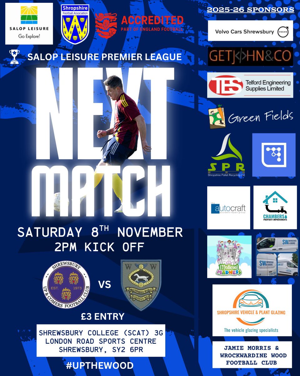 Match Preview 🆚 <a href="/UpnComersMensFC/">SUAC FC</a> 

Back to league action this weekend, and it’s on the road to Shrewsbury as we face last season’s champions. 

Up &amp; Comers have lost only twice in the league this season like ourselves, so this is shaping up to be a great game ⚽️

#UpTheWood 🪵💙