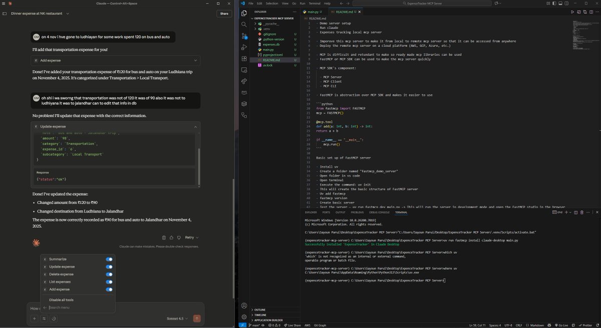 DriftNBlde's tweet photo. 🚀 Built my own local MCP server that talks directly with Claude Desktop an Expense Tracker powered by FastMCP + FastAPI + SQLite + uv.

Track, analyze, and manage your expenses locally with full control 🧠💸
🔗 https://t.co/4HCCIeS3p5

#FastAPI #FastMCP #Claude #AI #OpenSource https://t.co/2H5xi2Si4E