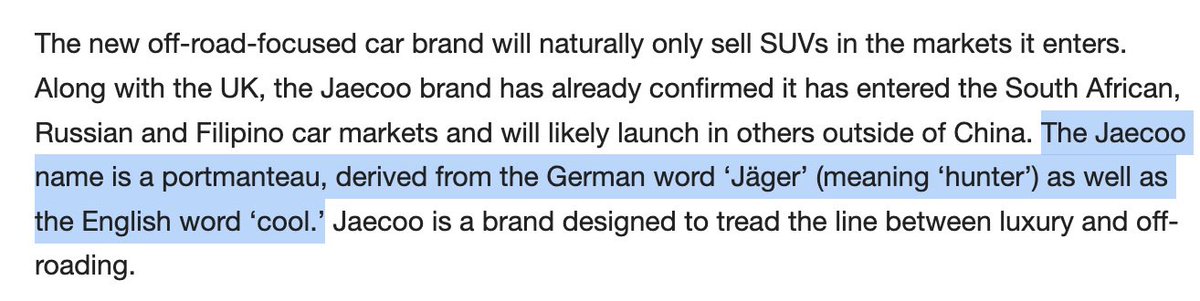 Wissts ihr vermutlich schon, aber:
Die chinesische Automarke Jaecoo heißt so, weil „Jäger“ und „cool“ 🤷‍♀️
Das stimmt doch bitte nicht oder? carmagazine.co.uk/car-news/first…