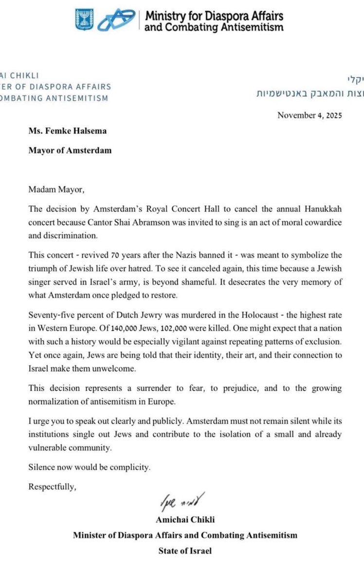 Esther_Voet's tweet image. Femke Halsema, voorstandster van artistieke vrijheid, zoals ze dat bij anti-Israëlische optredens heeft laten weten, doet er in het geval van het @Concertgebouw het zwijgen toe. Ze kreeg vanavond deze brief : “I urge you to speak out.”