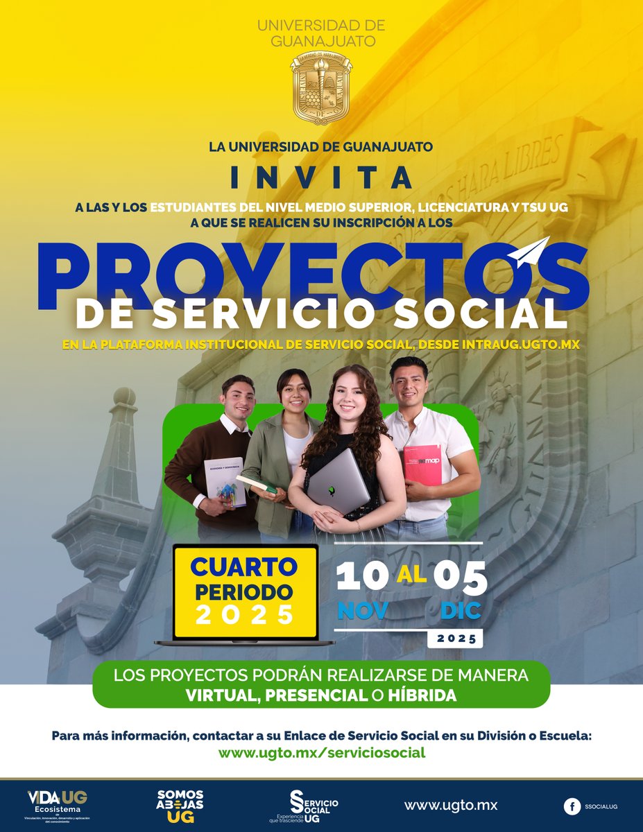 UdeGuanajuato's tweet photo. ¡Inscríbete al Servicio Social! 📷
10 nov – 5 dic 2025 | NMS, Licenciatura y TSU.
Modalidades virtual, presencial o híbrida.
Regístrate en IntraUG y consulta detalles en https://t.co/1U4ZmMhgWH
#ServicioSocialUG #SomosAbejasUG #VIDAUG #UGPresente https://t.co/QSrJ8HjaAH