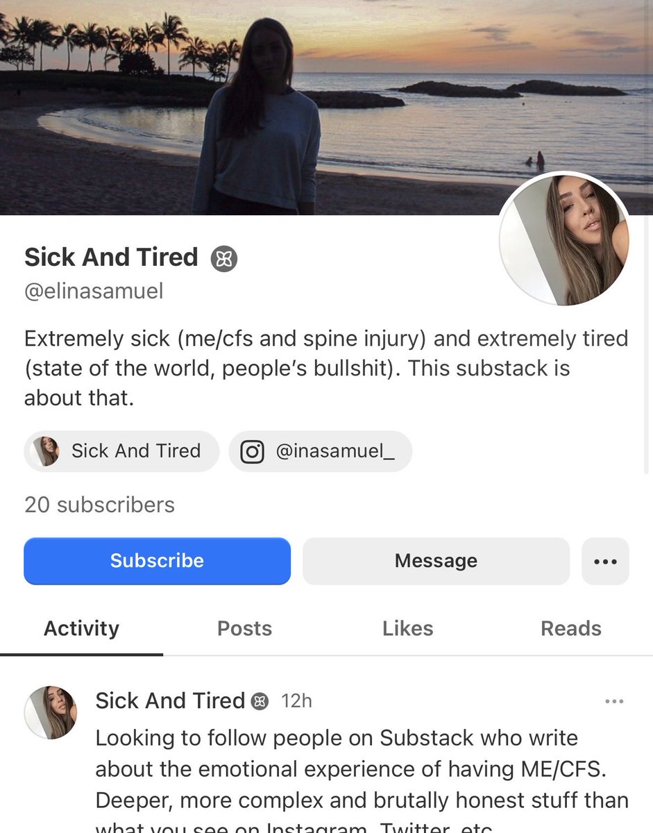 tink_ina's tweet image. Who writes on Substack? Looking to follow people who write about #MECFS in a raw, personal way. Brutal honesty, hidden feelings, confessions. Not education or facts. More about the internal emotional experience of having this disease

Here’s my Substack 
substack.com/@elinasamuel?r…