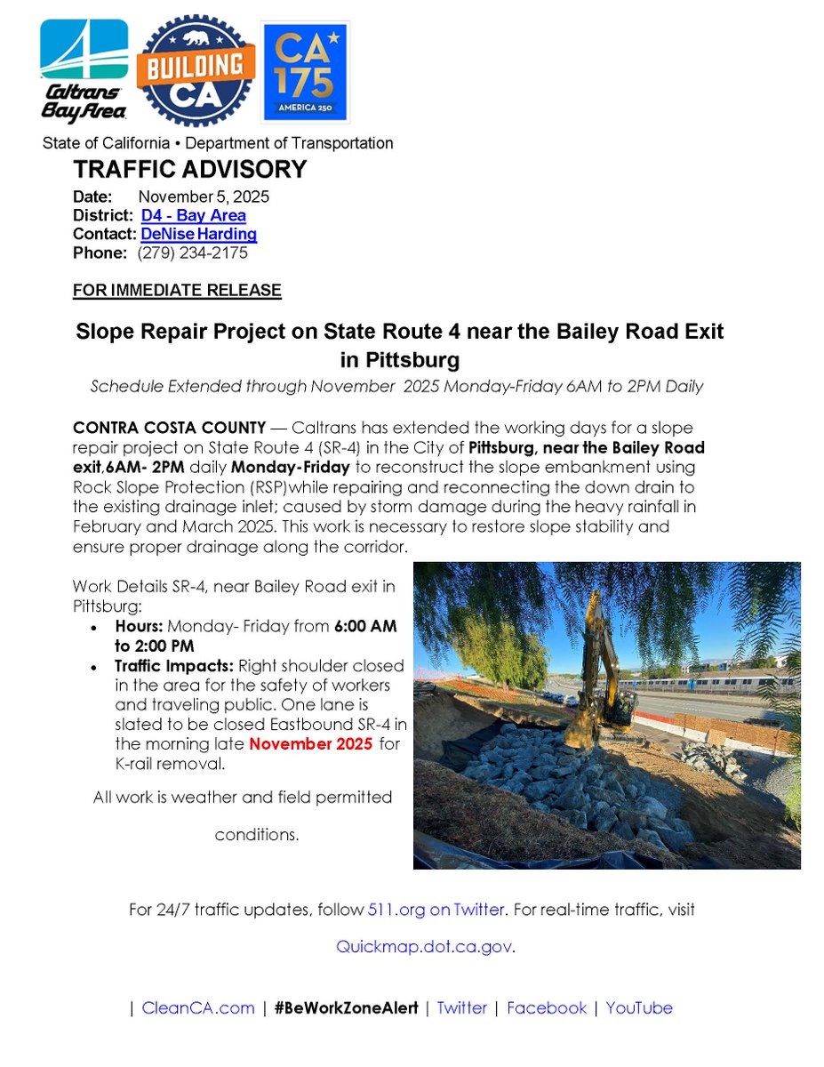 CaltransD4's tweet image. 🚧 SR-4 Slope Repair – Pittsburg 🚧
Work near Bailey Rd extended through Nov 2025.
Crews fixing storm damage to restore slope stability.
⚠️ Shoulder closed, brief EB lane closure late Nov.
🔗 Quickmap.dot.ca.gov | #BeWorkZoneAlert #CaltransBay