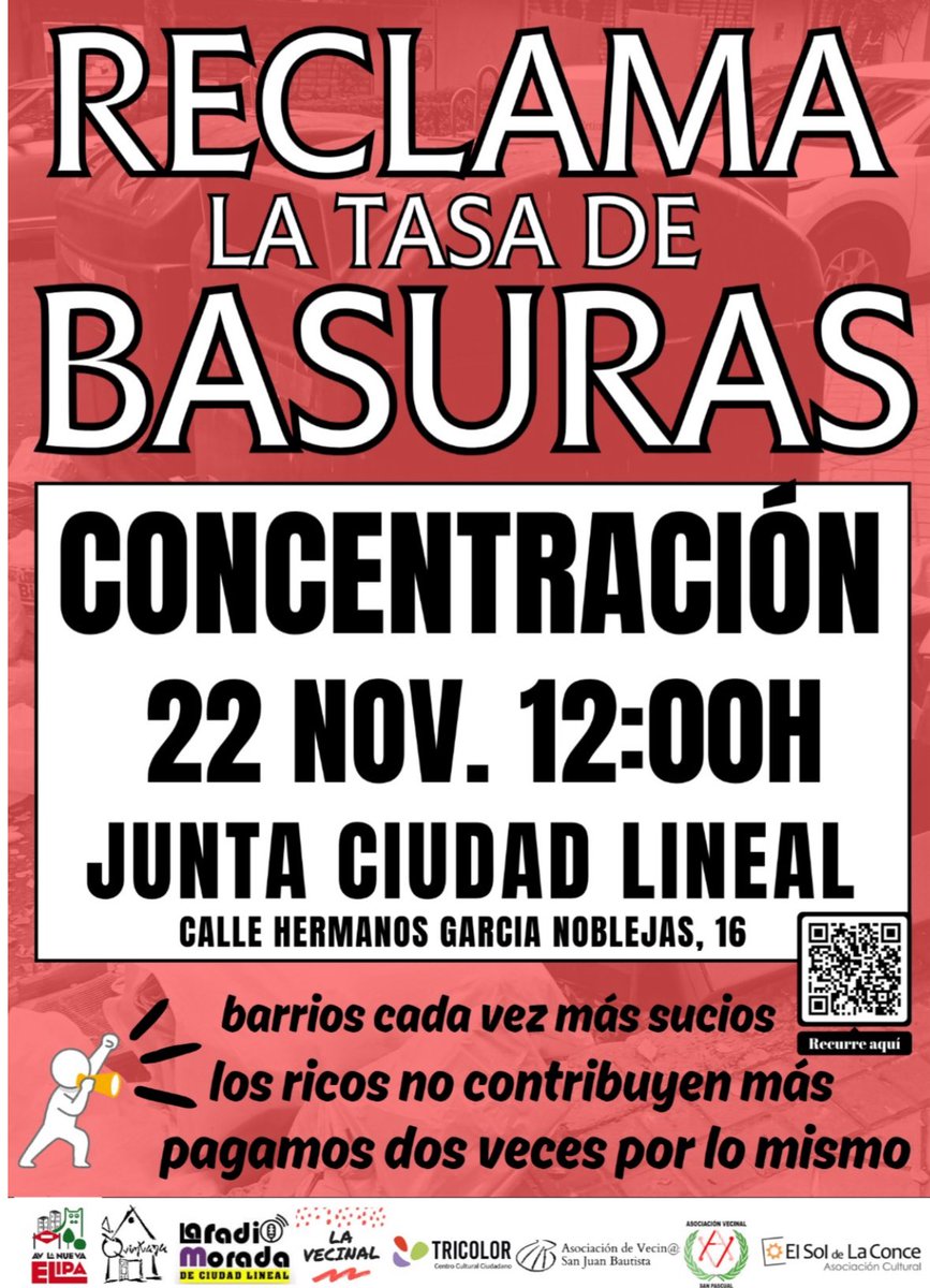 Desde <a href="/IUCiudadlineal/">IU Ciudad Lineal🔻</a> apoyamos la convocatoria del movimiento vecinal denunciando la suciedad de nuestros barrios y en rechazo a la #TasaBasuras de Almeida. 

Pagamos el doble (IBI +Tasa) por un servicio lamentable. 

No al abandono de #CiudadLineal