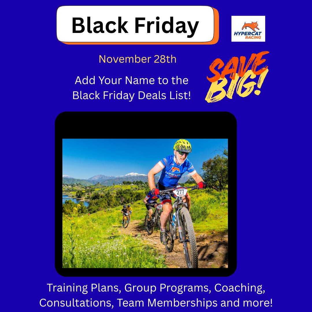 hypercat's tweet image. Runners, Cyclists, MTBer's, Triathletes!
Here is your chance to get some amazing deals on training plans, group programs, individual coaching and services like coach consults and team Hypercat memberships. Join our Black Friday deals email list! eepurl.com/6lXCv