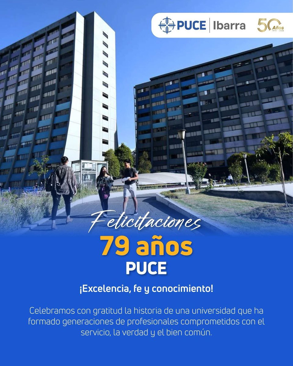 🎉 ¡Felicidades, PUCE, por 79 años de excelencia, fe y conocimiento!

Celebramos con gratitud la historia de una universidad que ha formado generaciones de profesionales comprometidos con el servicio, la verdad y el bien común.

#PUCE79Años #ExcelenciaYFe #OrgulloPUCE #PUCEI