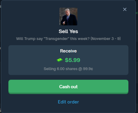 + $2 

Cashed on Trump saying "transgender" this week.

Was fairly confident in this move due to recent news relating to the topic in America.

Ball is finally rolling, let's keep it moving from here