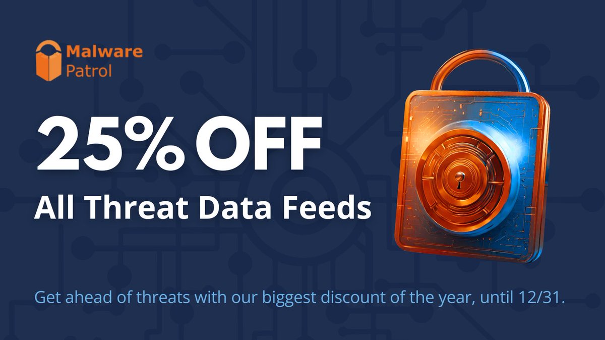 MalwarePatrol's tweet image. Our annual sale is on! New customers get 25% off their first year's subscription. Includes all threat data feeds &amp;amp; packages. Valid until Dec 31st. 

Request your free trial today. --&amp;gt; malwarepatrol.net/enterprise-eva…

#CyberSecurity #ThreatIntel #onpatrol4malware
