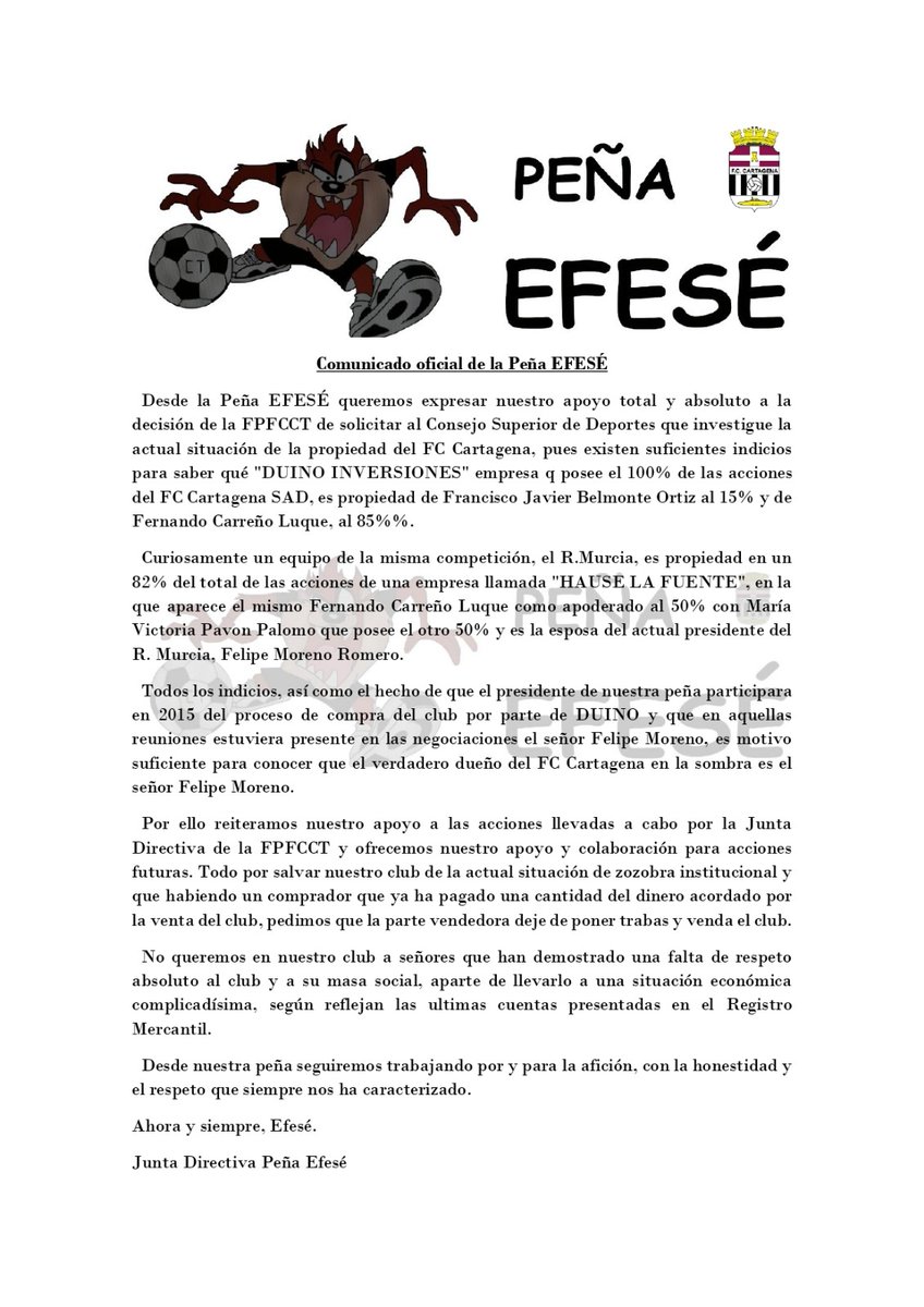Desde la Peña Efesé apoyamos la decisión d la <a href="/fpfcct/">Federación de Peñas FC Cartagena</a> y animamos a toda la afición a apoyar en estos momentos complicados para nuestro club y q se aclare la actual situación.
El <a href="/FCCartagena_efs/">FC Cartagena</a> no puede ser el juguete d Felipe Moreno.