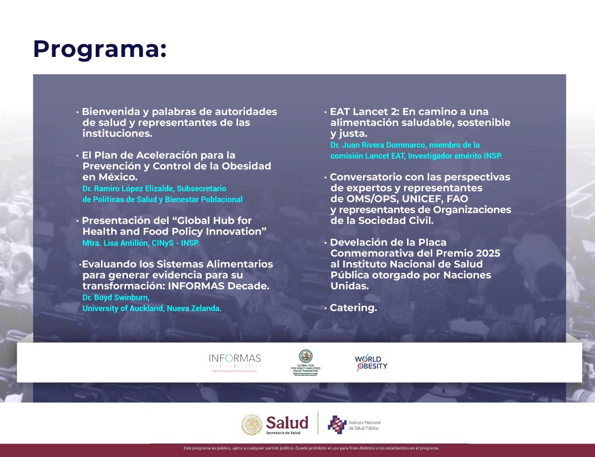 Te invitamos a participar en el #Seminario Salud, prevención de enfermedades crónicas y la transformación de los sistemas alimentarios

📆 12 de noviembre
🕔 17:00 horas
📍Auditorio Guillermo Soberón, INSP Cuernavaca

🔗 Cupo limitado, regístrate: forms.gle/gDrfswwHGjCVVR…