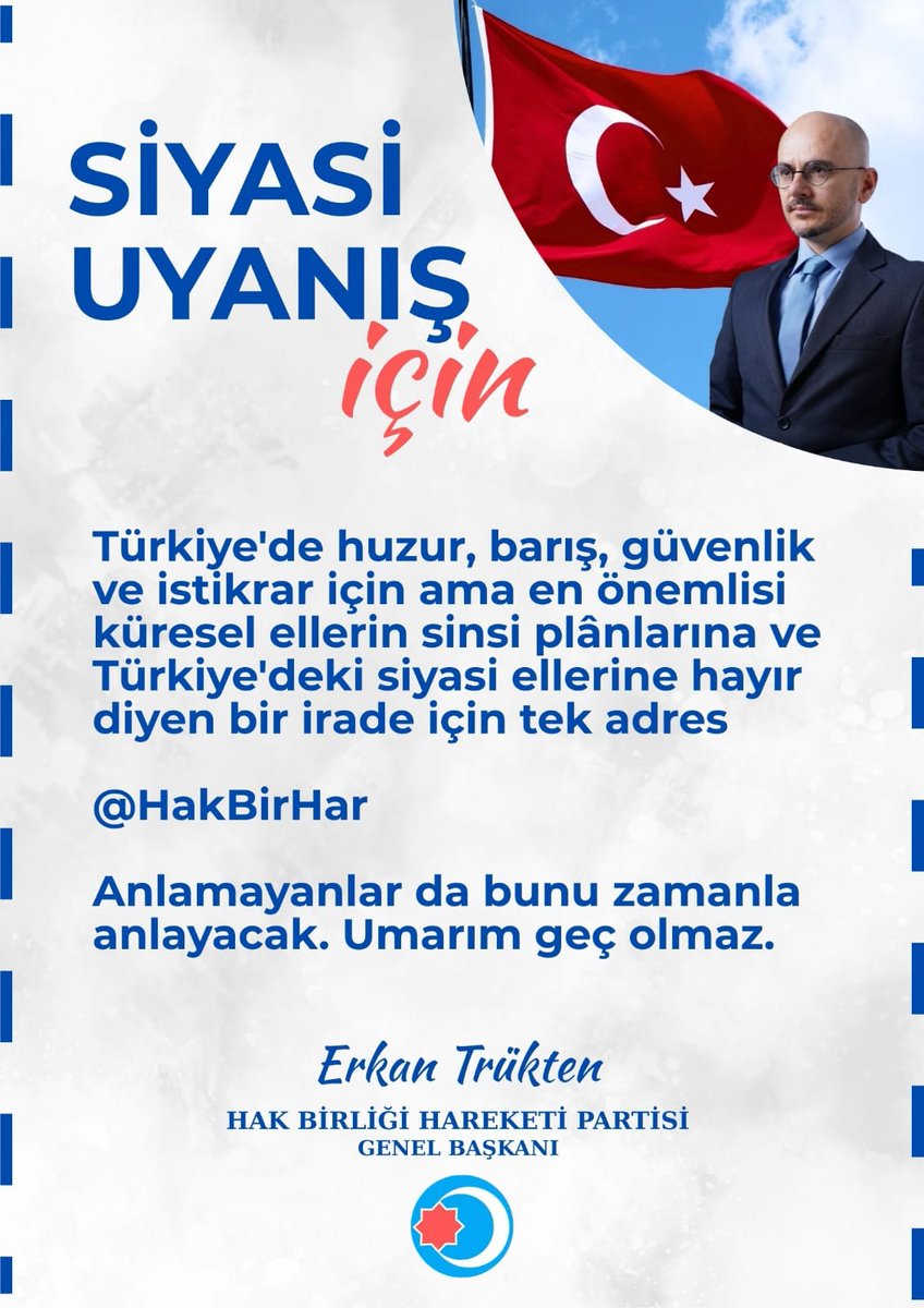 <a href="/MDRaporlar/">MDRaporlar</a> <a href="/ErkanTrukten/">Erkan Trükten 🇹🇷</a> 
<a href="/HakBirPartisi/">Hak Birliği Hareketi Partisi</a> 
<a href="/hakbirharekatid/">HakBirHareketiDestekçileri</a> 
#SiyasiUyanışŞart