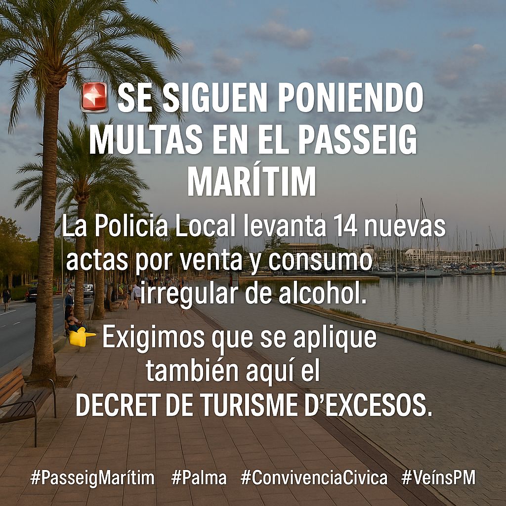 Avvpmaritim's tweet photo. La @policiadepalma ha levantado 14 nuevas actas a establecimientos del Passeig Marítim por venta y consumo irregular de alcohol.
Reiteramos nuestra exigencia; que el Decreto de Turismo de Excesos se aplique también aquí. https://t.co/pfpJMzXJay