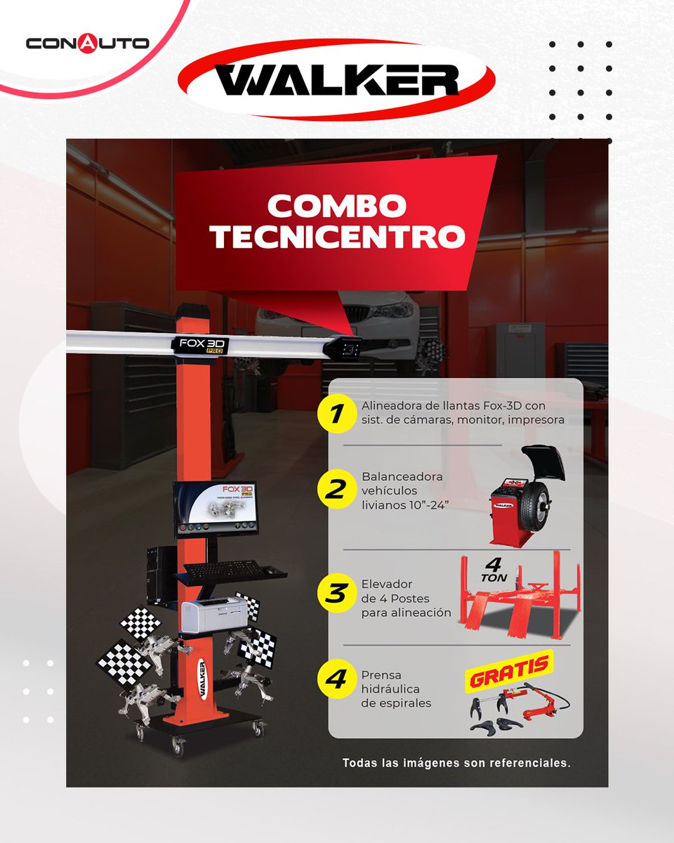 ConautoEC's tweet image. 🔥 ¡Potencia tu tecnicentro con el combo que lo tiene TODO!
🚗 Alineadora Fox-3D + Balanceadora + Elevador 4 postes + Prensa hidráulica.
💪 Precisión, rapidez y tecnología para tu taller. ¡Aprovecha esta oferta!
#TallerAutomotriz #EquiposAutomotrices #Fox3D #Promo