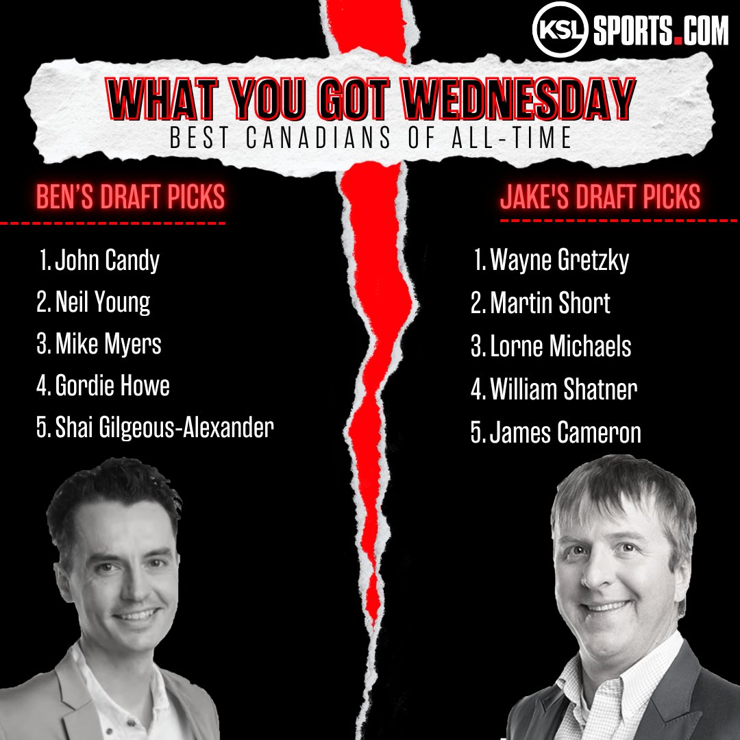 JakeAndBenKSL's tweet image. It's What You Got Wednesday with @JakeScottZone &amp;amp; @BensHoops Today they draft their Top 5:               
- Best "Raiders" of All-Time 
- Best Canadians of All-Time

Drop a vote below for who you think has the best picks! And let us know who we missed ⬇️