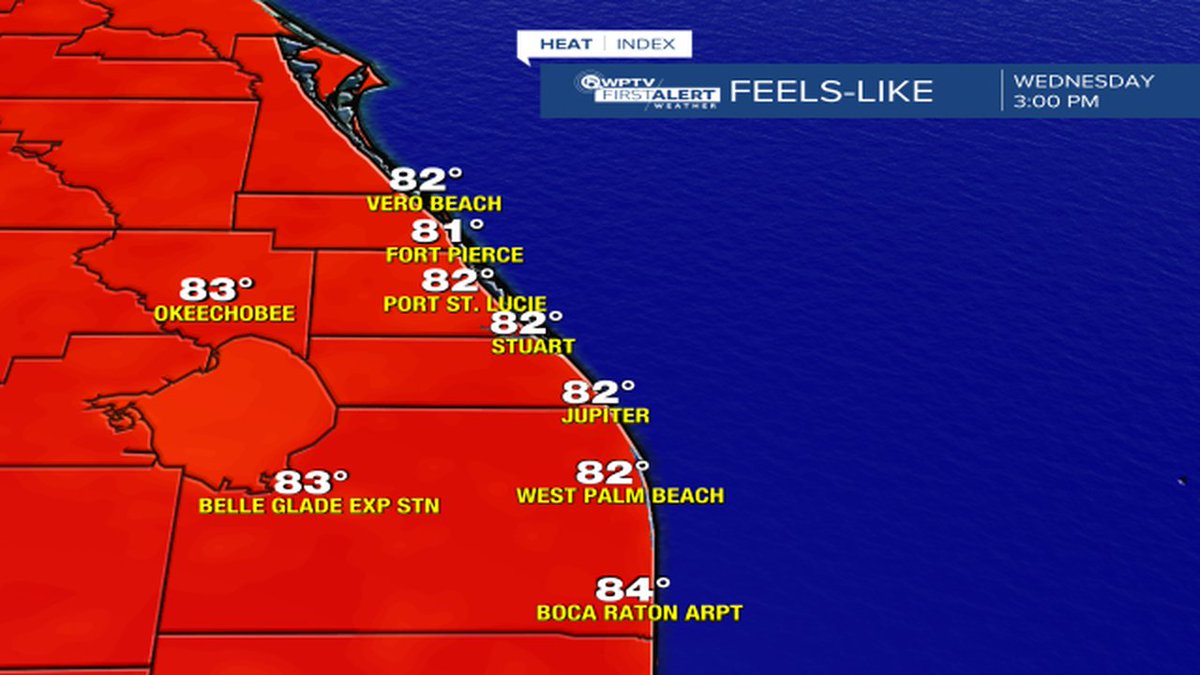 Good afternoon south #Florida! Here are the 'feels like' temperatures across the area! (heat index) #flwx #florida #